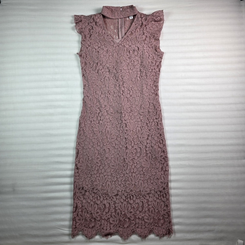 Bar III Womens Dusty Pink Lace Dress, Mock Neck Cap Sleeve, Midi, Size S